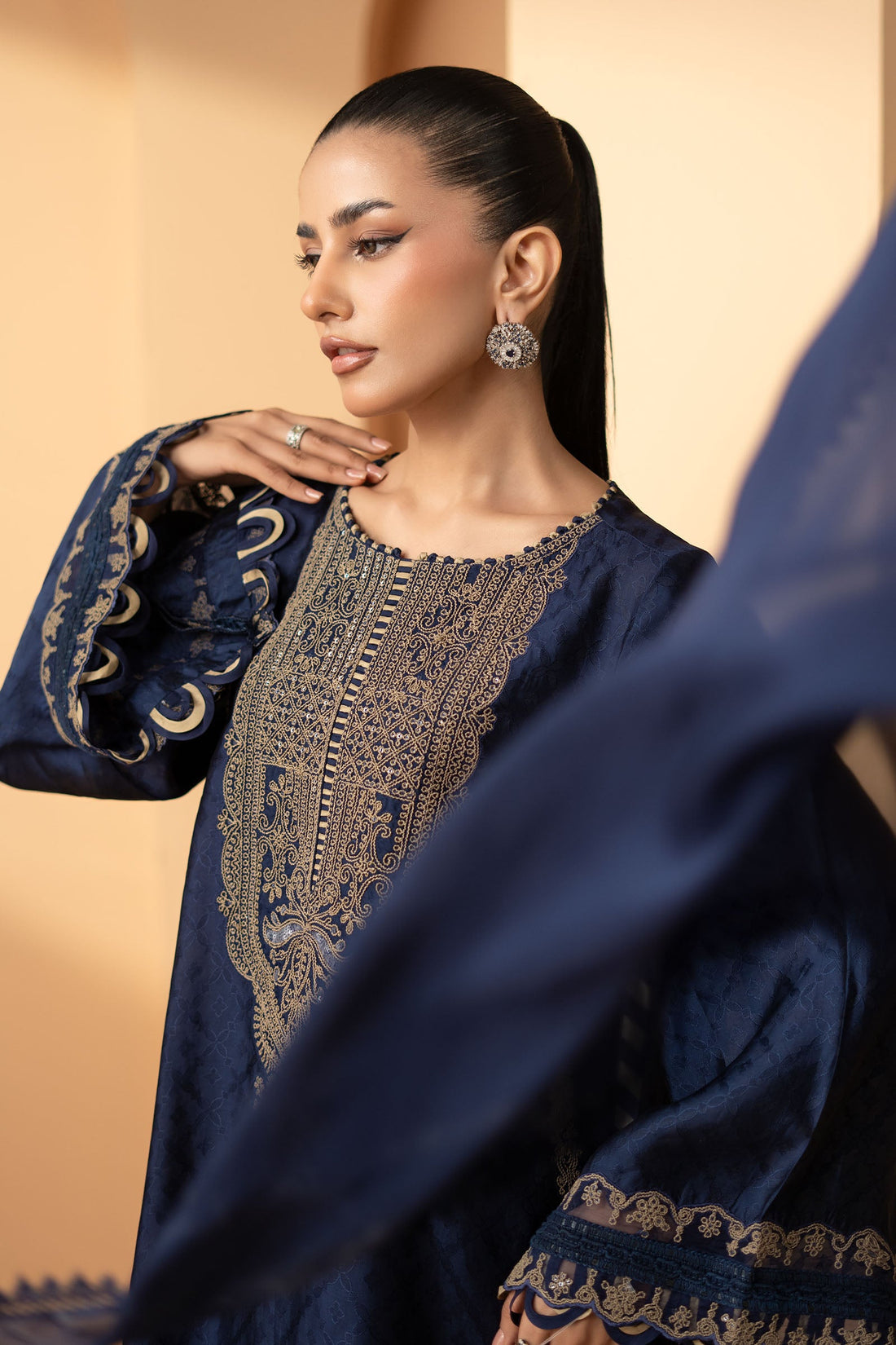 3 Piece Embroidered Self Tassel Silk Suit