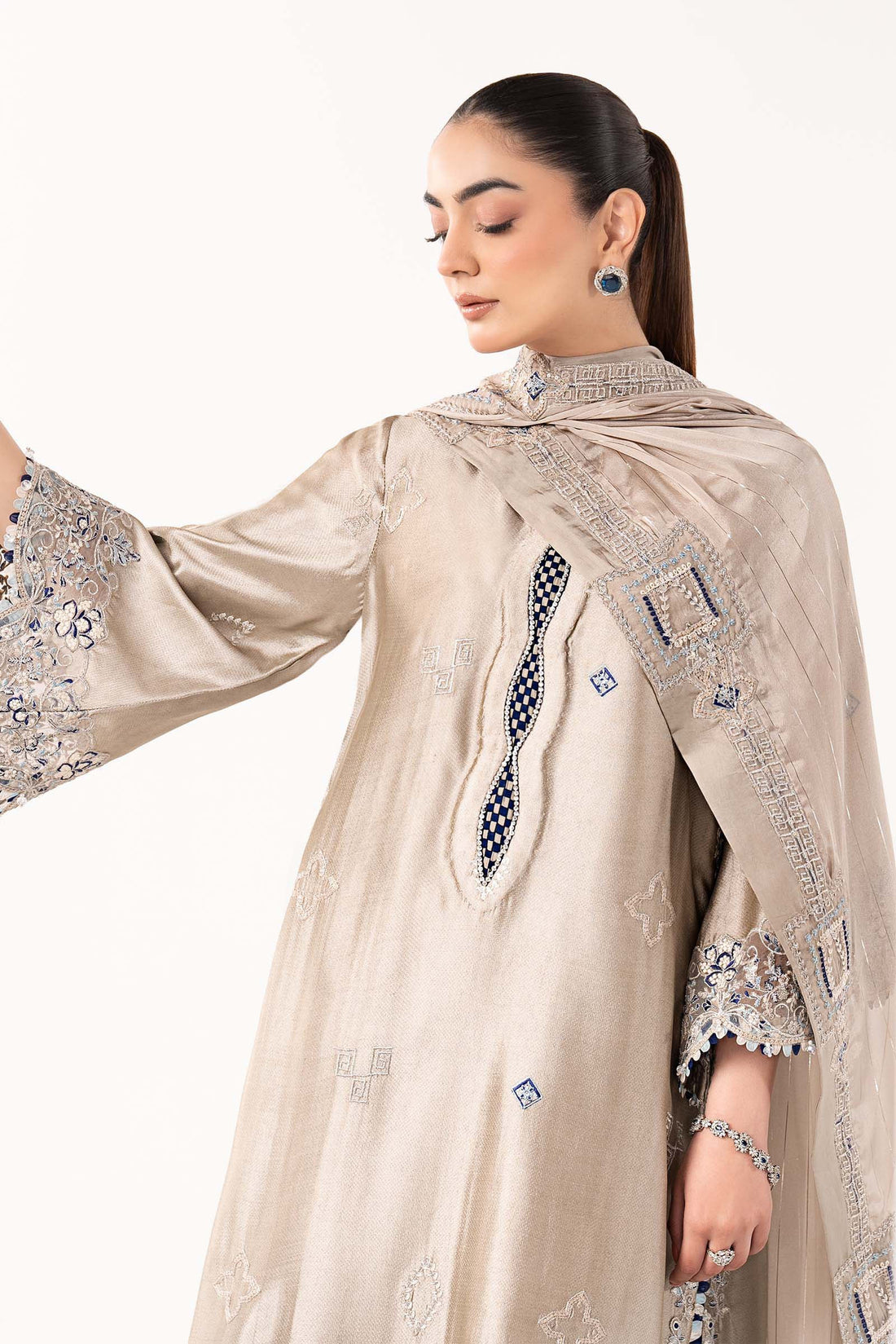 3 Piece Embroidered Self Tassel Silk Suit