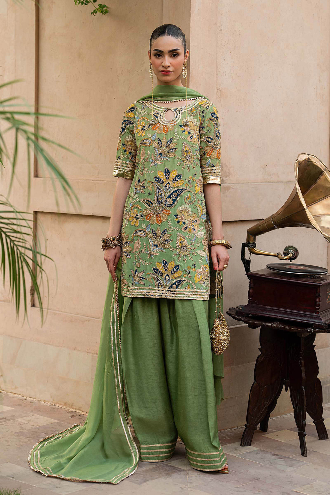 3 Piece Embroidered Raw Silk Suit
